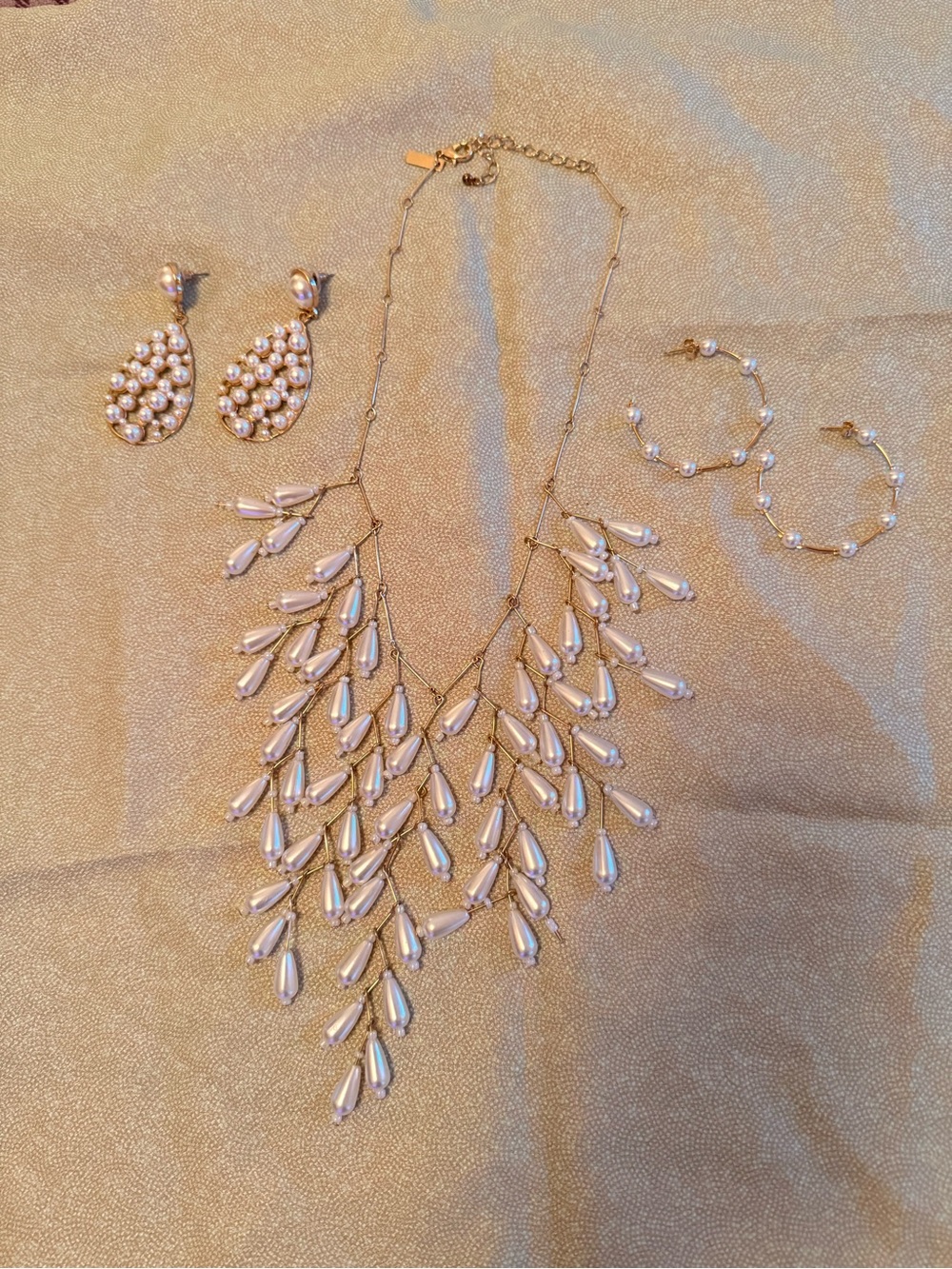 Gold and Pearl Teardrop Bib Necklace with Matching Earrings - Women Jewelry